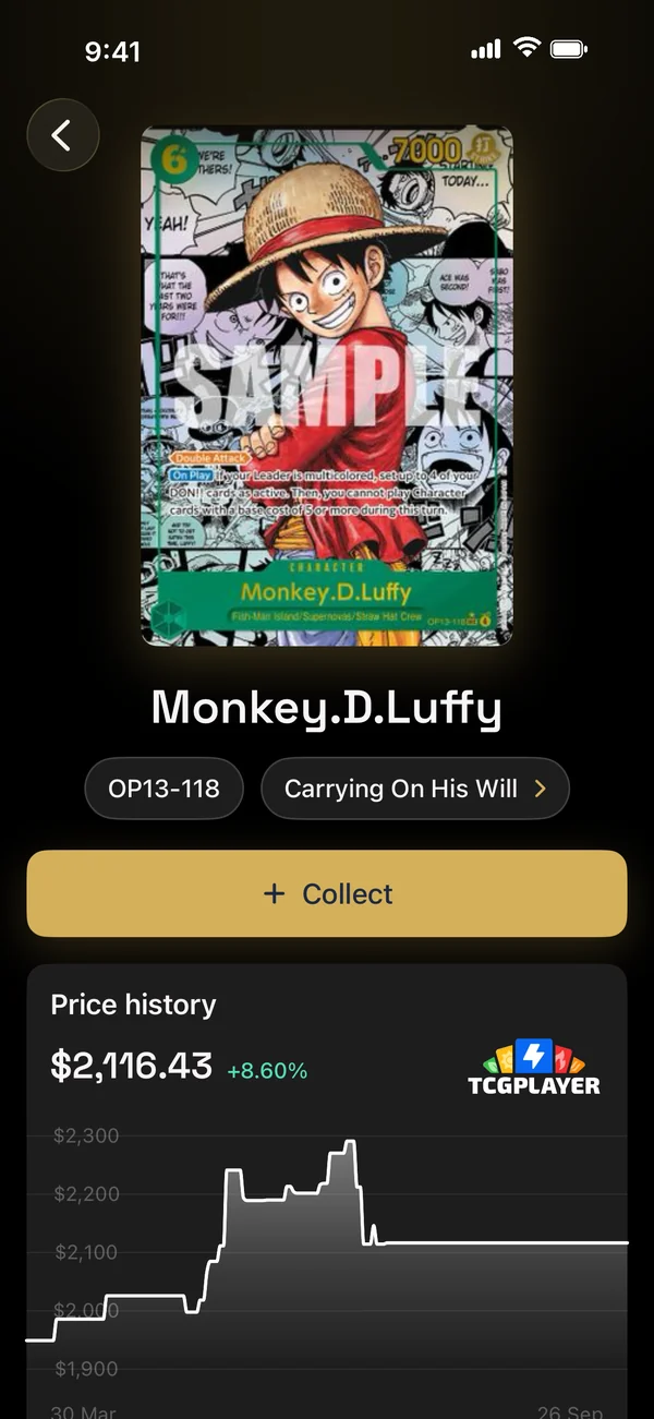 OneDex card screen for Monkey.D.Luffy with its price history