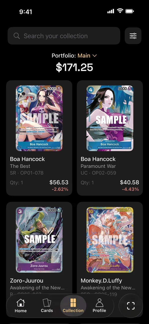 OneDex collection screen with Boa Hancock, Zoro and Luffy cards and their market prices