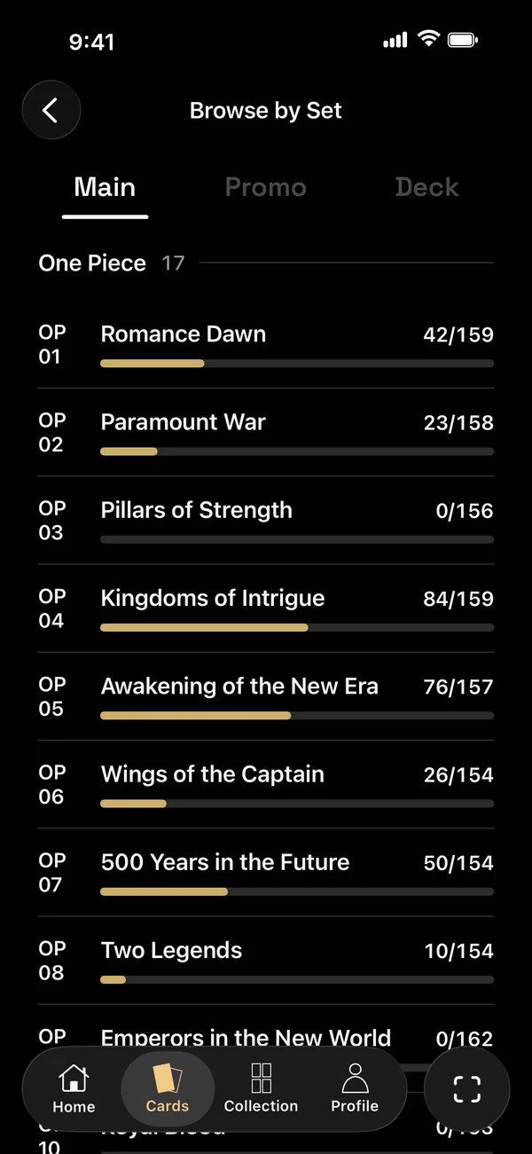 OneDex Browse by Set screen showing how many cards of each set you own